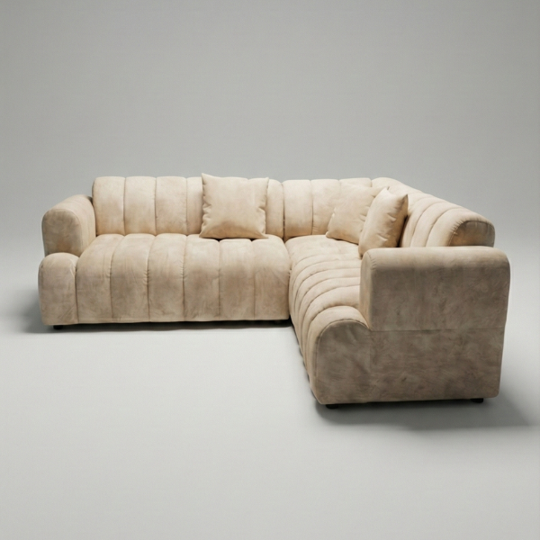 The Biko - Beige Channel Tufted L-Shape Sectional Sofa